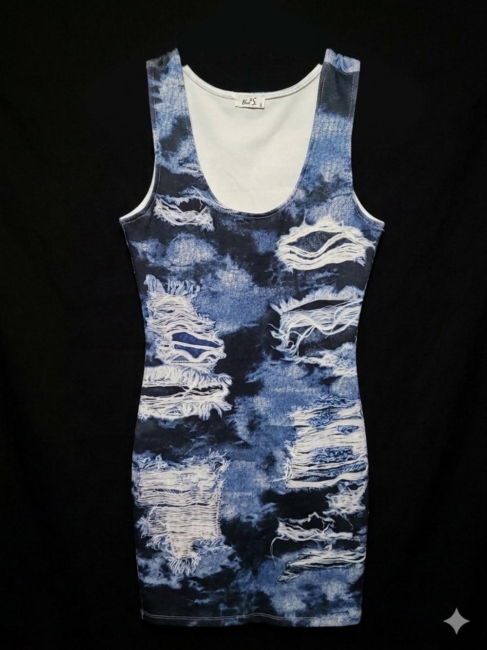 BLPS Blue Tie-Dye Distressed Tank Mini Dress